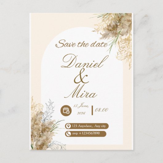 Invitation Carte Postale Boho Gold Pampas Arch Fully Editable Wedding  (Devant)