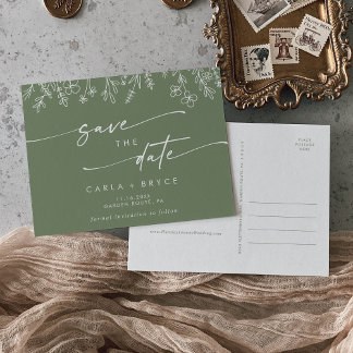 Invitation Carte Postale Boho Olive Green Wildflower Wedding Save the Date