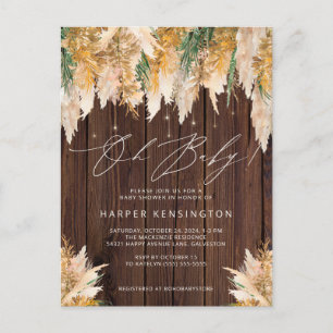 Invitation Carte Postale Boho Pampas Grass Wood Twinkle Lights Baby shower