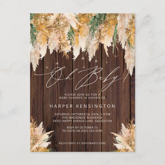 Invitation Carte Postale Boho Pampas Grass Wood Twinkle Lights Baby shower (Devant)