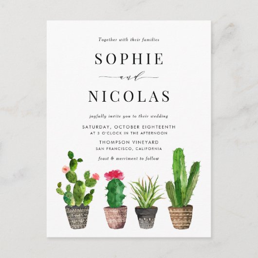 Invitation Carte Postale Boho Pot Succulents et Cactus QR Code Mariage (Devant)