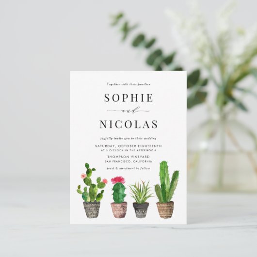 Invitation Carte Postale Boho Pot Succulents et Cactus QR Code Mariage (Debout devant)