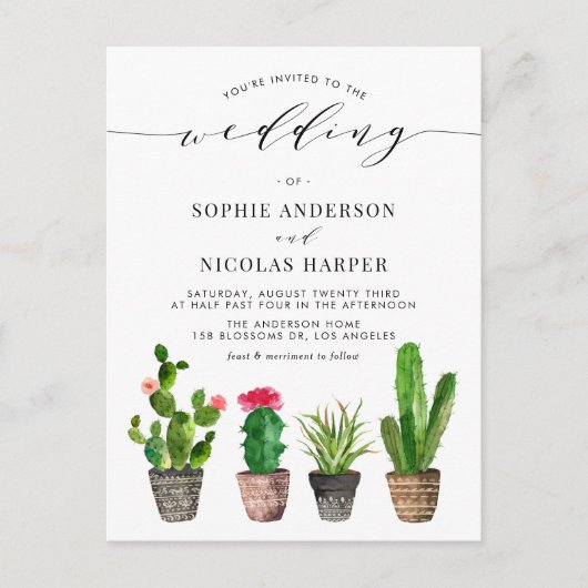 Invitation Carte Postale Boho Pot Succulents et Cactus QR Code Mariage (Devant)