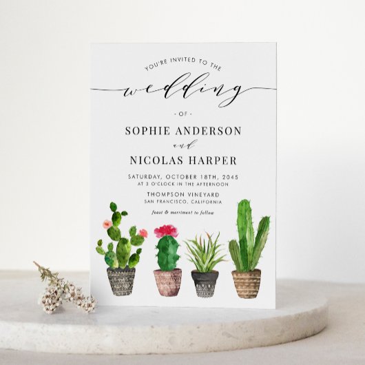 Invitation Carte Postale Boho Pot Succulents et Cactus QR Code Mariage