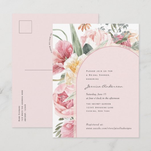 Invitation Carte Postale Boho rose floral chic poumon jardin nuptial (Devant / Derrière)