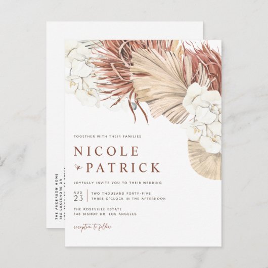 Invitation Carte Postale Boho séché Palm Feuilles et Orchidées Mariage (Devant / Derrière)