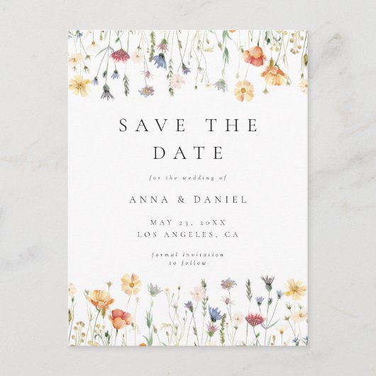 Invitation Carte Postale Boho Wildflower Wedding Save the Date Postcard (Devant)