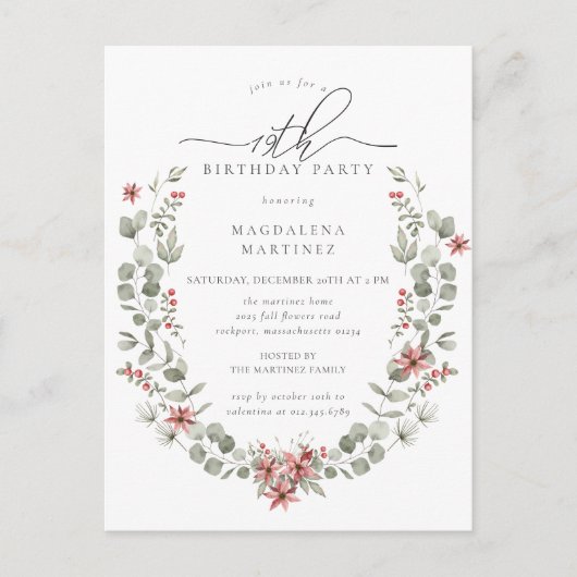 Invitation Carte Postale Boho Winter Greenery Red Floral 19e anniversaire (Devant)