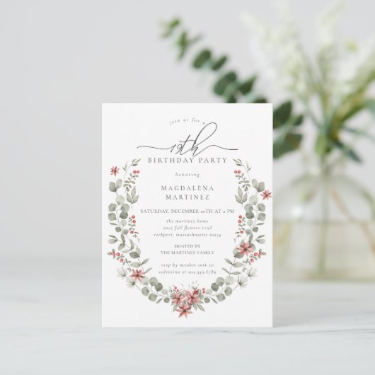 Invitation Carte Postale Boho Winter Greenery Red Floral 19e anniversaire (Debout devant)