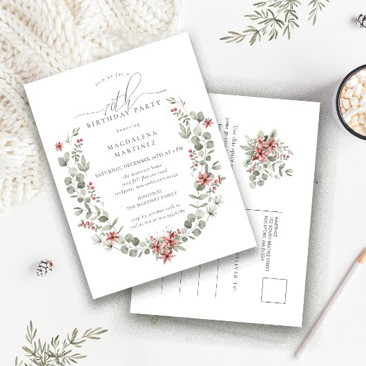 Invitation Carte Postale Boho Winter Greenery Red Floral 70e anniversaire