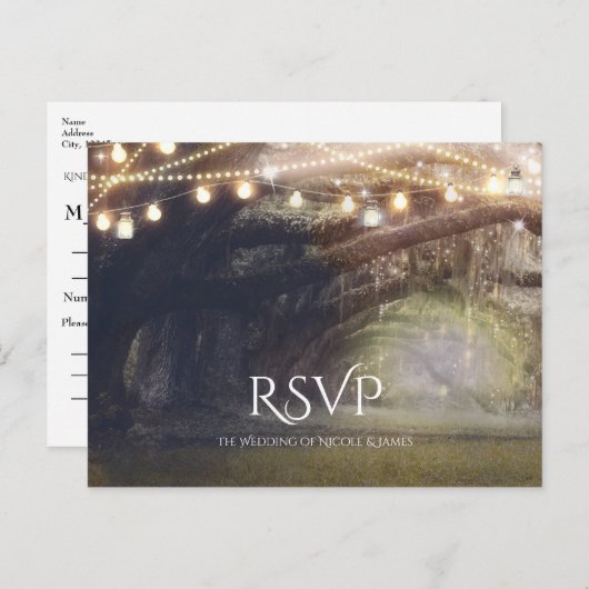 Invitation Carte Postale Bois rustique Enchanted Lumières Forêt Mariage RSV (Devant / Derrière)