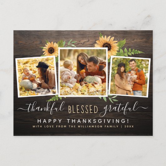 Invitation Carte Postale Bois rustique et tournesols 3 Photos Thanksgiving (Devant)