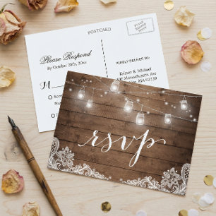 Invitation Carte Postale Bois rustique Mason Jar illumine dentelle mariage