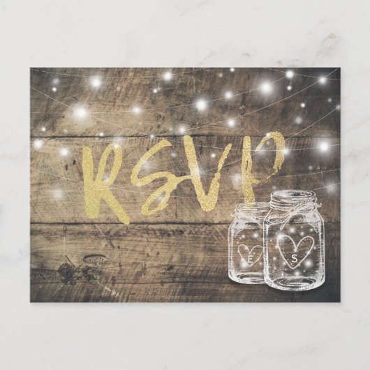 Invitation Carte Postale Bois rustique & Mason Jar String Lumières Mariage  (Devant)