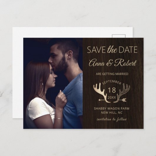 Invitation Carte Postale Bois Rustique Rose Or Antlers Photo Enregistrer La (Devant / Derrière)