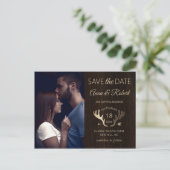 Invitation Carte Postale Bois Rustique Rose Or Antlers Photo Enregistrer La (Debout devant)