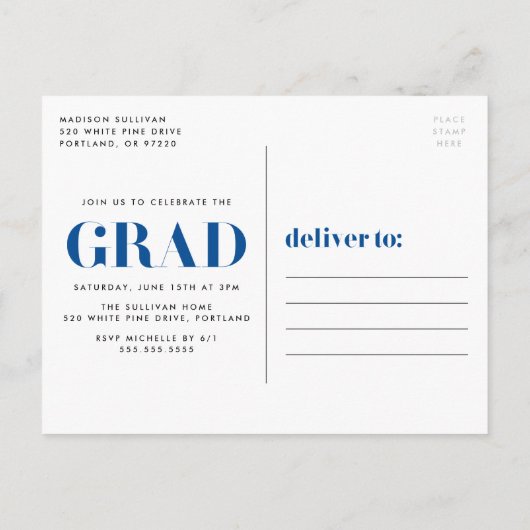 Invitation Carte Postale Bold 2023 Blue Lettering Photo Graduation Party (Dos)