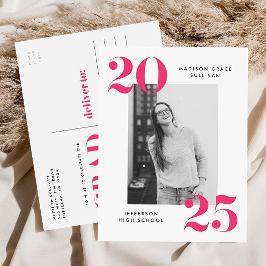 Invitation Carte Postale Bold 2023 Pink Lettering Photo Graduation Party