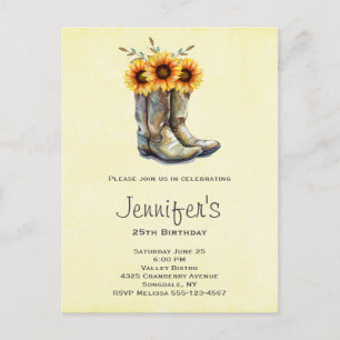 Invitation Carte Postale Bottes rustiques Cowboy avec tournesol Anniversair