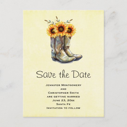 Invitation Carte Postale Bottes rustiques de cowboy avec tournesol Enregist (Devant)