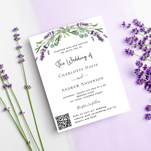 Invitation Carte Postale Boucles violets de lavande code QR mariage RSVP