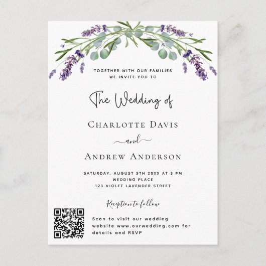 Invitation Carte Postale Boucles violets de lavande code QR mariage RSVP (Devant)