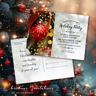 Invitation Carte Postale Boule d'arbre de Noël rouge - Fête de Noël