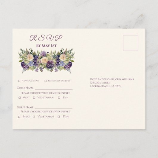 Invitation Carte Postale Bouquet-Mariage de fleurs violettes Aquarelle RSVP (Dos)
