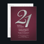 Invitation Carte Postale Bourgogne 21e anniversaire Sliver Parties scintill<br><div class="desc">Créez votre propre surprise de 21e anniversaire en Bourgogne moderne avec les détails de votre fête sur les polices arrière - plans et populaires de Bourgogne que vous pouvez facilement modifier en cliquant sur le bouton "Personnaliser"</div>