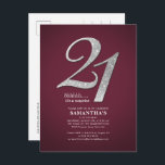 Invitation Carte Postale Bourgogne 21e anniversaire Sliver Parties scintill<br><div class="desc">Créez votre propre surprise de 21e anniversaire en Bourgogne moderne avec les détails de votre fête sur les polices arrière - plans et populaires de Bourgogne que vous pouvez facilement modifier en cliquant sur le bouton "Personnaliser"</div>