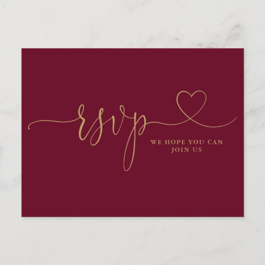 Invitation Carte Postale Bourgogne Et Gold Heart Script Demande de Chanson (Devant)
