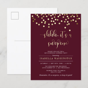 Invitation Carte Postale Bourgogne & Gold Confetti Surprise fête d'annivers