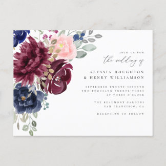 Invitation Carte Postale Bourgogne, marine et bleu Mariage floral