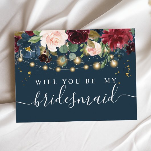 Invitation Carte Postale Bourgogne marine rustique & Fleurs rouges & Lumièr