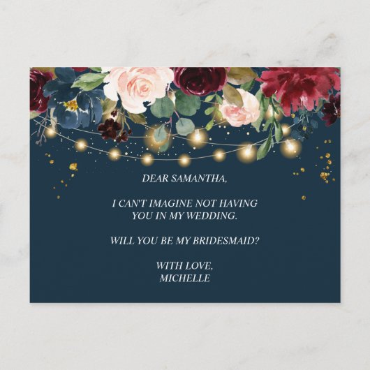 Invitation Carte Postale Bourgogne Nuit Rustique Fleurs & Lumières Rouges (Dos)