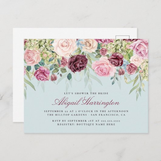 Invitation Carte Postale Bourgogne & Pastel Aquarelle Fête des mariées flor (Devant / Derrière)