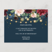 Invitation Carte Postale Bourgogne rustique bleu marine et rouge Fleurs et  (Dos)