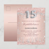 Invitation Carte Postale Boutons d'or rose Quinceanera (Devant / Derrière)