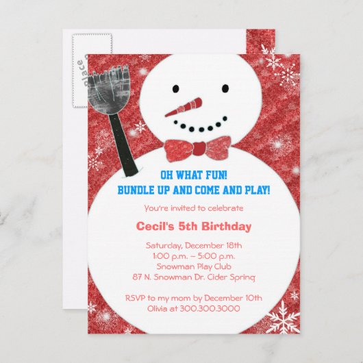 Invitation Carte Postale Bow cravate Snowman Enfants d'hiver fête d'anniver (Devant / Derrière)