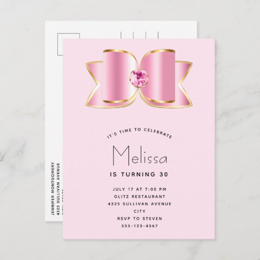 Invitation Carte Postale Bow en verre rose avec un centre Gemstone Annivers (Devant / Derrière)