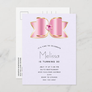 Invitation Carte Postale Bow en verre rose avec un centre Gemstone Annivers