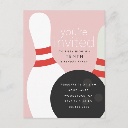 Invitation Carte Postale Bowling fête d'anniversaire (Devant)