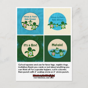 Invitation Carte Postale BOY Sea TURTLE Baby shower Honu Cupcake Topper 02B