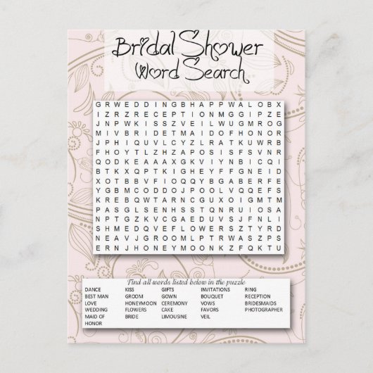 Invitation Carte Postale Bridal Shower game, Word SEarch (Devant)