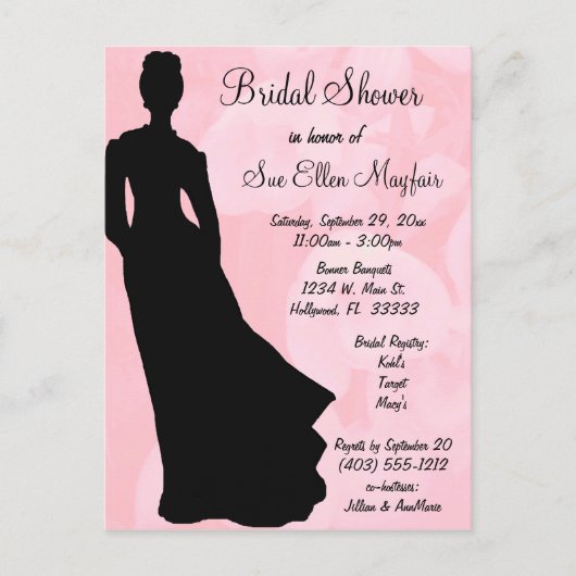 Invitation Carte Postale Bride noire Silhouette rose Arrière - plan floral (Devant)