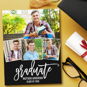 Invitation Carte Postale Brosse moderne Script 4 Photo Graduation Party
