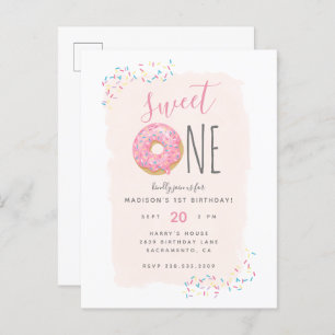 Invitation Carte Postale Brouiller   Doughnut rose saupoudrer doux 1er anni