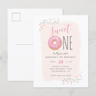 Invitation Carte Postale Brouiller | Doughnut rose saupoudrer doux 1er anni