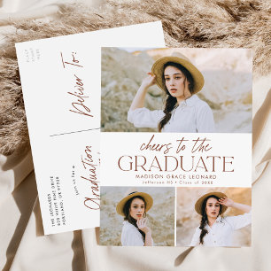 Invitation Carte Postale Brown Cheers to the Grad 3 Photo Graduation Party