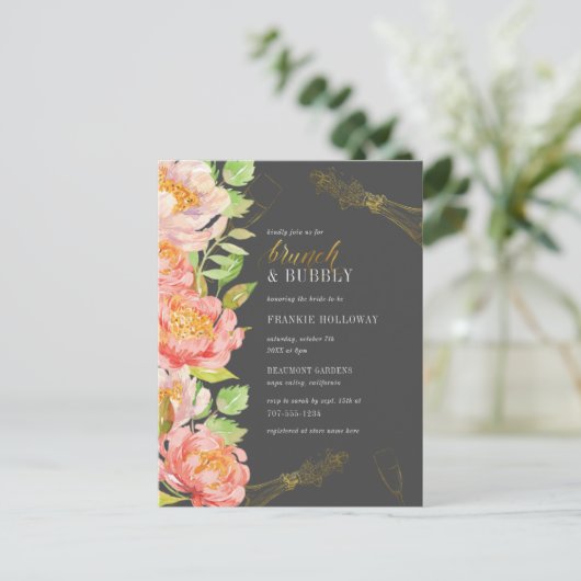 Invitation Carte Postale Brunch & Bubbly | Fête des mariées Black White & G (Debout devant)